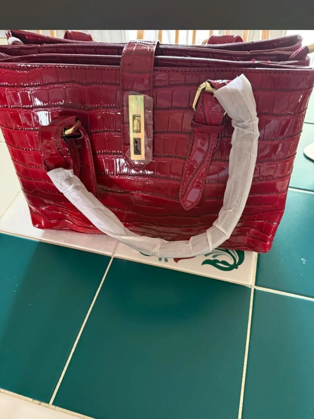 Structured Croc-Embossed Shoulder Bag in Deep Wine
